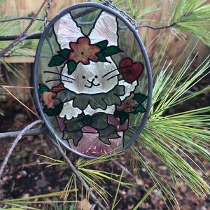 VTG Lovely Bunny in a Plant Pot surrounded by flowers & love. Suncatcher